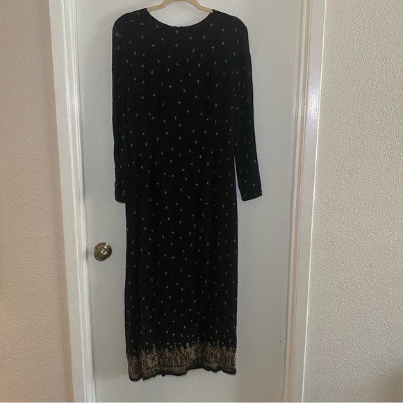 Indies Black & Gold Size 3 Maxi Dress Boho Chic Sheer Long Sleeves Slit In Back - Picture 2 of 8